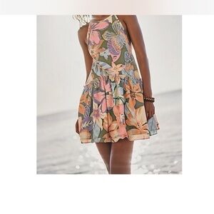 Free People deserted island Pastel Floral Cotton Beach Dress open tie back Sz M